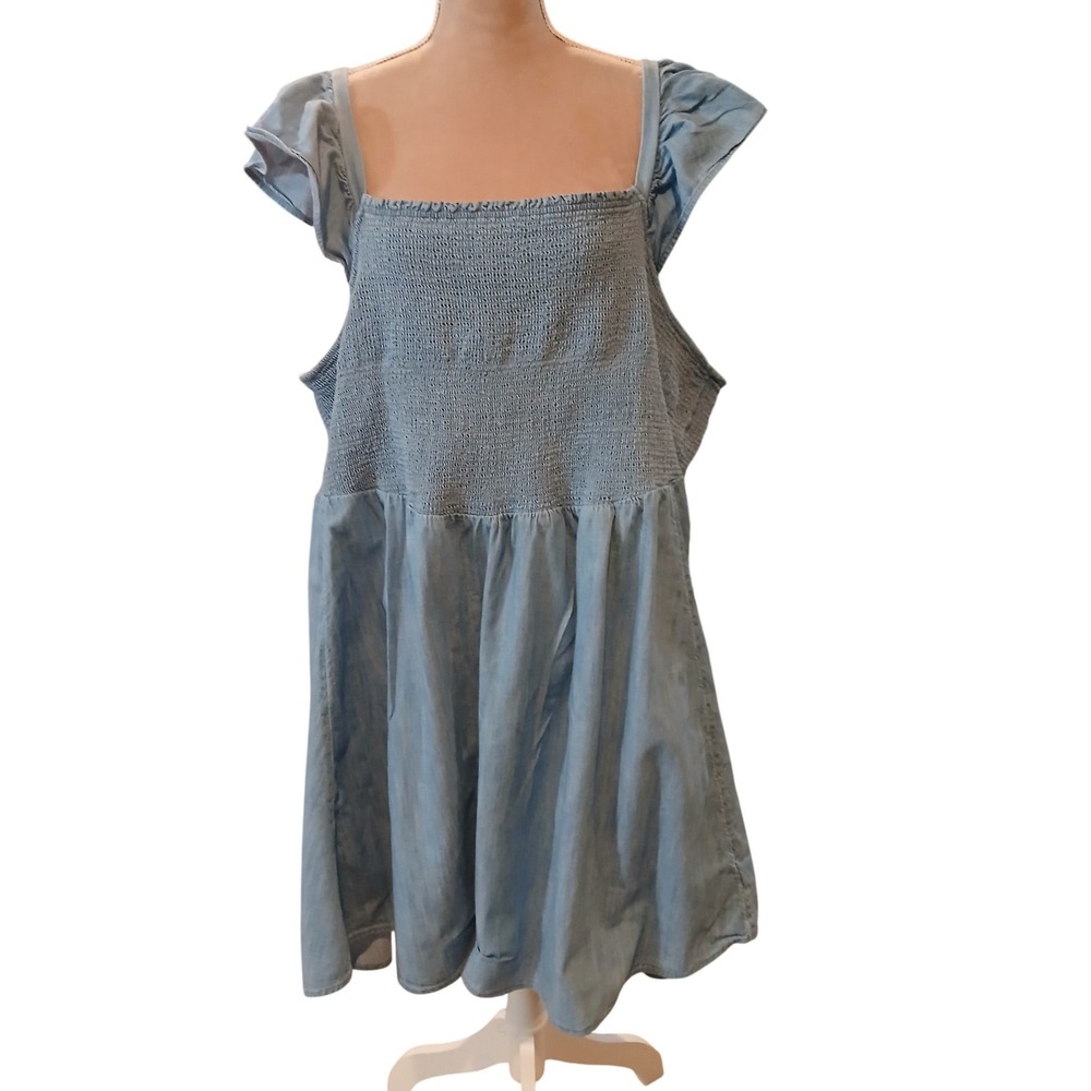 Old Navy Womens 4X Blue Chambray Smocked Ruffle Sleeve Mini Dress Light Wash